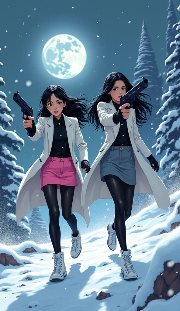 Two girls, long black hairs, yuri, Vampire Hunters
The first girl wear a white long coat, pink suit, black shirt, pink pencil skirt, black underpants, black tights, black gloves, black socks, white sneakers high top.
The second girl wore a white long coat, grey suit, black shirt, grey pencil skirt, black underpants, black tights, black gloves, black socks, white sneakers high top.
holding a handguns, running on the snow, snowing, vampire castle, fantastic night sky, moon, cartoon novel, 4K, HD