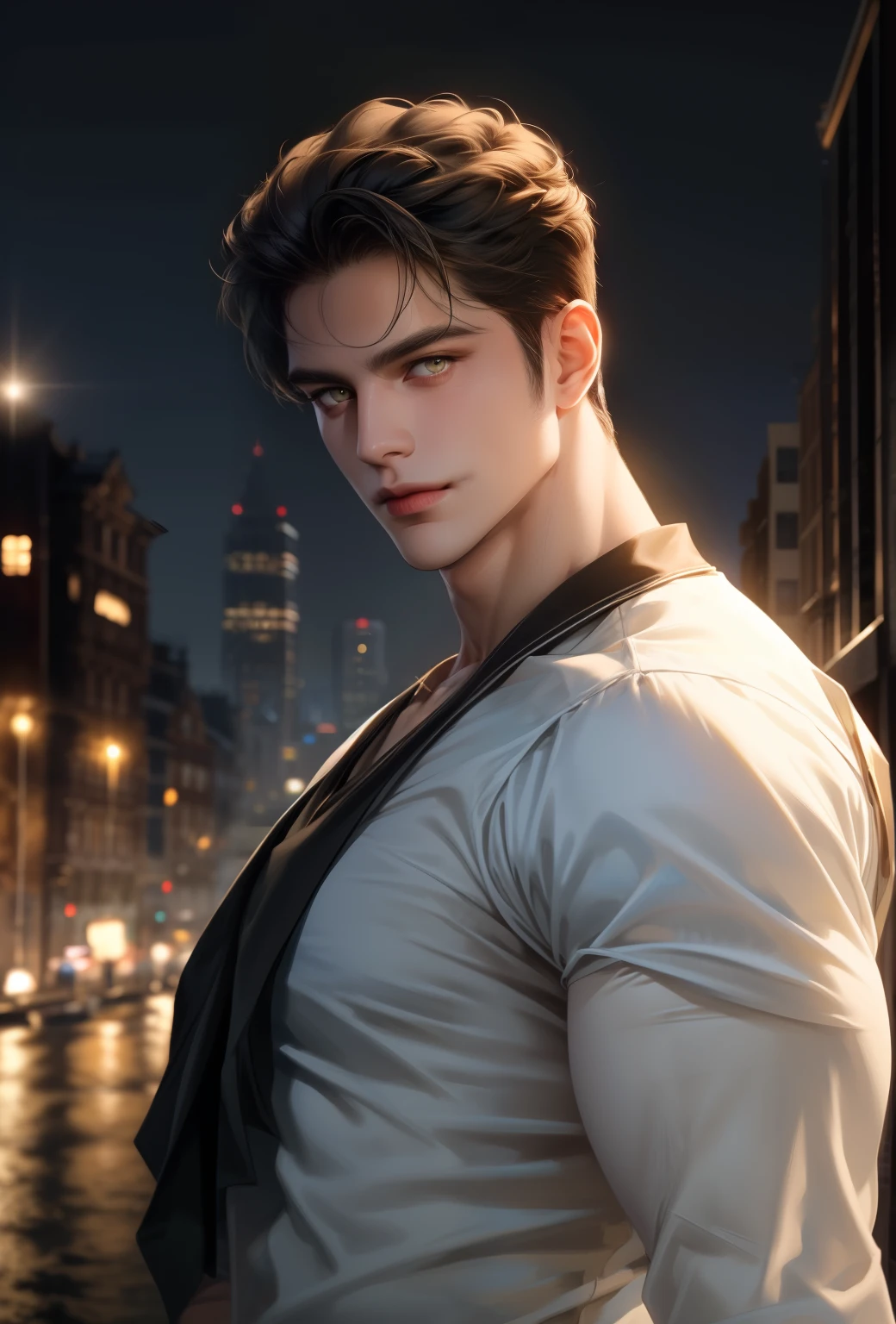 (masterpiece,best quality,ultra_detailed,highres,absurdres),1 mature male, 30-ish, (wide shoulder), (muscular), big body, male focus, solo, yellow eyes, blue eyes color, upper body, short hair, black hair, looking at viewer, smile face, parted lips, round eyewear, Masterpiece, high quality, best quality, HD, realistic, perfect lighting, detailed body, 1 man, white shirt, calm expression, in the night town background,