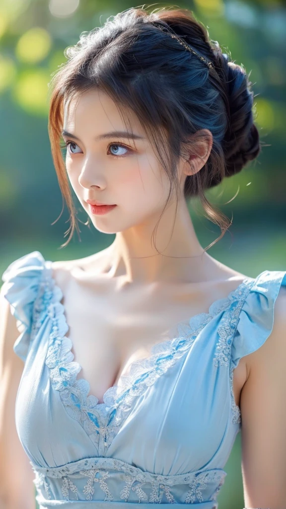 (Realistic) Insanely beautiful asian lady with messy bun hairstyle and blue eyes, cute and attractive facial expressions, natural skin color, natural breasts, godly perfect body (highly detailed) , cinematic lightings , wearing a simple yet angelic dress (highly detailed) , incredible lips , full body image highly detailed from top to bottom