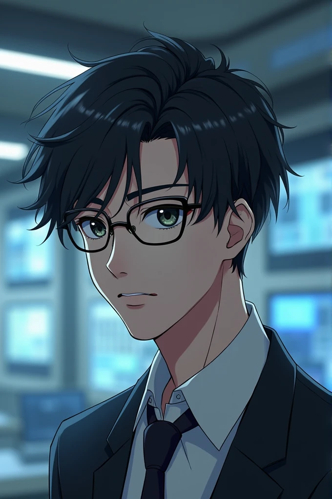 I want to create a male anime character with an IQ that is computer literate, wears glasses, and has hair that reaches to his eyebrows.