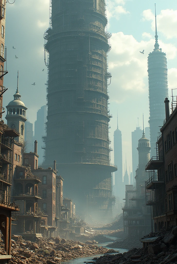 A modern Tower of Babel where collapse and construction compete
