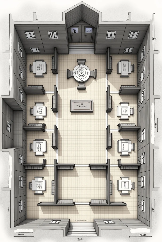 Create a photo of a private school floor plan, with 12 classrooms
