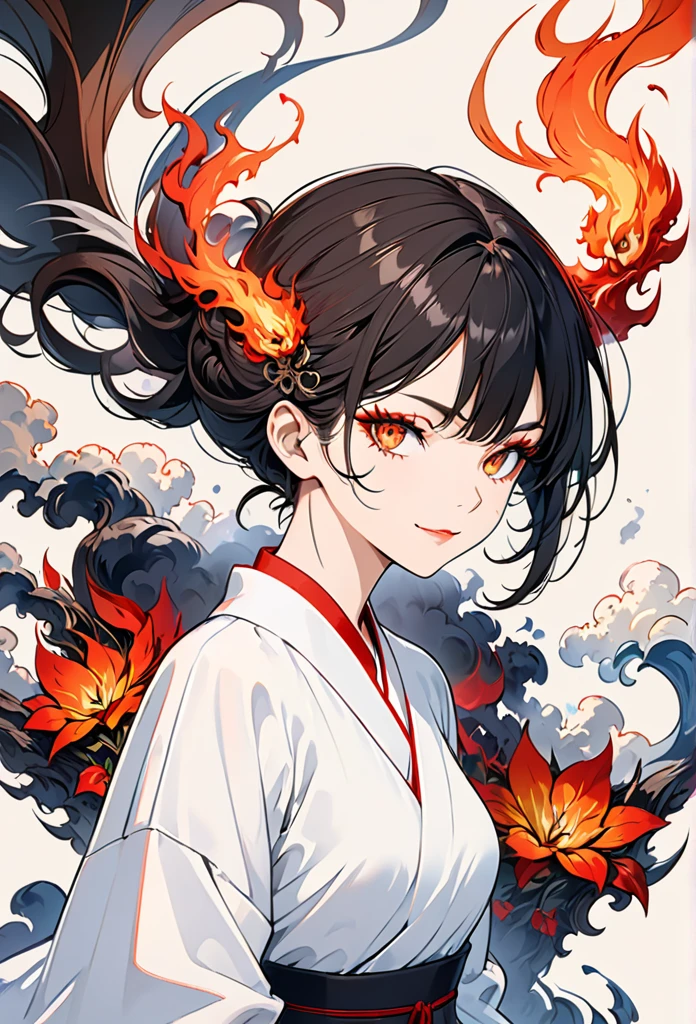 (Extremely detailed CG unity 8k wallpaper),(masterpiece), (best quality), (Extremely detailed), (Best Illustration),(The best shadow), (Sharp eyeliner, Eyeshadow, delicate eyes:1.1), (flame, smokes:1.3), ,rest, (vector:1.2), Evil smile,