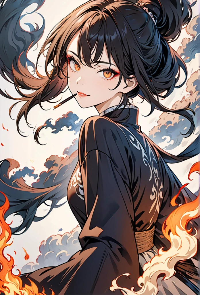 (Extremely detailed CG unity 8k wallpaper),(masterpiece), (best quality), (Extremely detailed), (Best Illustration),(The best shadow), (Sharp eyeliner, Eyeshadow, delicate eyes:1.1), (flame, smokes:1.3), ,rest, (vector:1.2), Evil smile,  