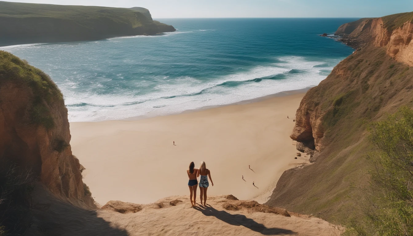 Two woman in short pants standing back on the edge of a cliff on an ocean beach, bright, daytime, 4k, realistic, high res