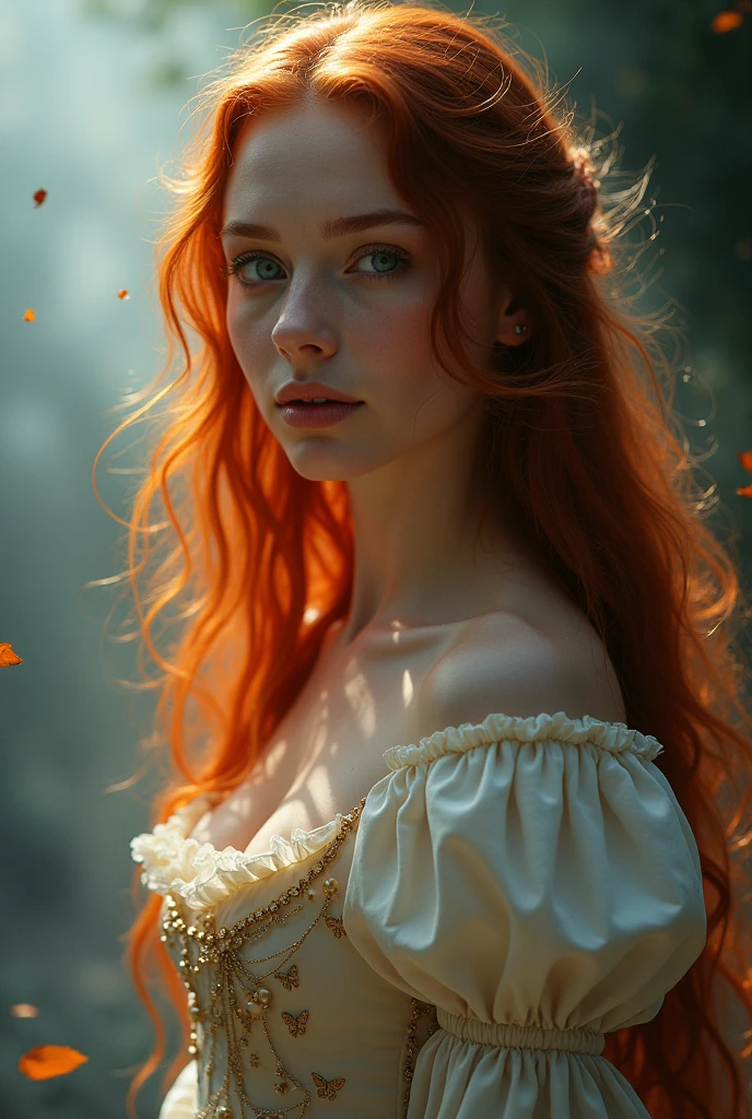 (solo, full body photo:1.3), (action packed:1.3), (haze, fog, mist:1.3), chiaroscuro, best quality, photorealistic, 1woman, (cute), (24yo:1.2), redhead, long ginger hair highly detailed, 1700'S, digital photography, art by artgerm and ruan jia and greg rutkowski surreal painting gold butterfly filigree, broken glass, (masterpiece, sidelighting, finely detailed Fashionable eyes: 1.2) (perfect oval large eyes that gazes at the viewer), beautiful detailed face, blue gorgeous perfect eyes, (blonde hair ponytail), (attractive young woman:1.3), (thick amazing hair), (seductive:1.1), (blushing:1.1)