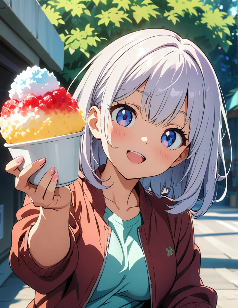 (anime artwork, anime style, studio anime, very detailed, up to date, vibrant, Anime Coloring, high contrast, masterpiece:1.2, best quality, best aesthetics),2 girl,Best quality,light smile,{{incoming_shaved ice}}, {{feeding}}, holding_spoon, foreshortening,{{blurry_foreground}}, blush, open mouth, head_tilt, perfect anatomy,cafe,