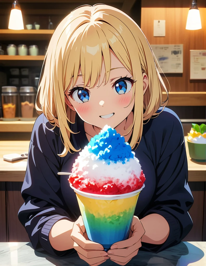 (anime artwork, anime style, studio anime, very detailed, up to date, vibrant, Anime Coloring, high contrast, masterpiece:1.2, best quality, best aesthetics),2 girl,Best quality,light smile,{{incoming_shaved ice}}, {{feeding}}, holding_spoon, foreshortening,{{blurry_foreground}}, blush, open mouth, head_tilt, perfect anatomy,cafe, 