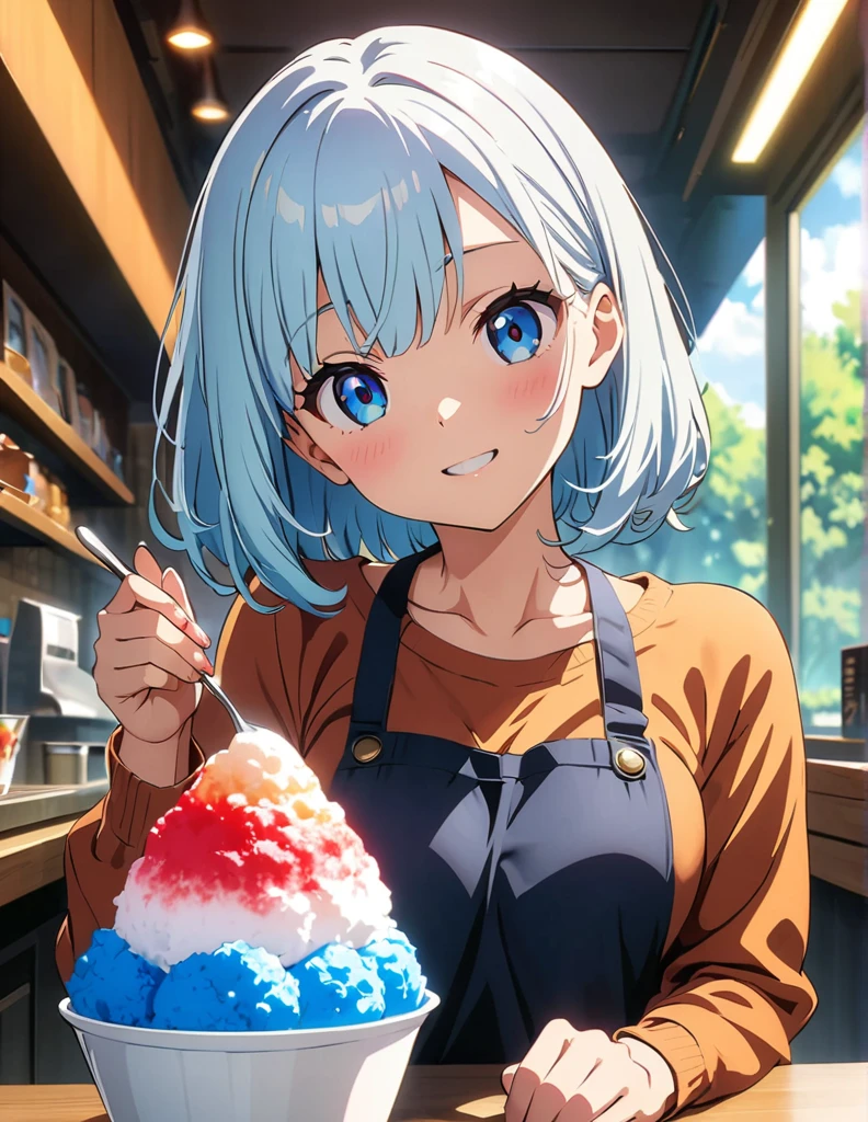 (anime artwork, anime style, studio anime, very detailed, up to date, vibrant, Anime Coloring, high contrast, masterpiece:1.2, best quality, best aesthetics),2 girl,Best quality,light smile,{{incoming_shaved ice}}, {{feeding}}, holding_spoon, foreshortening,{{blurry_foreground}}, blush, open mouth, head_tilt, perfect ???????,cafe, 