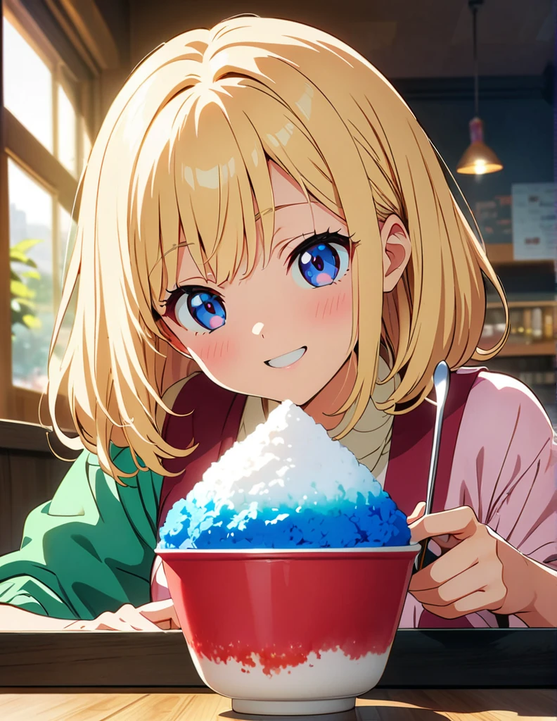 (anime artwork, anime style, studio anime, very detailed, up to date, vibrant, Anime Coloring, high contrast, masterpiece:1.2, best quality, best aesthetics),2 girl,Best quality,light smile,{{incoming_shaved ice}}, {{feeding}}, holding_spoon, foreshortening,{{blurry_foreground}}, blush, open mouth, head_tilt, perfect anatomy,cafe,