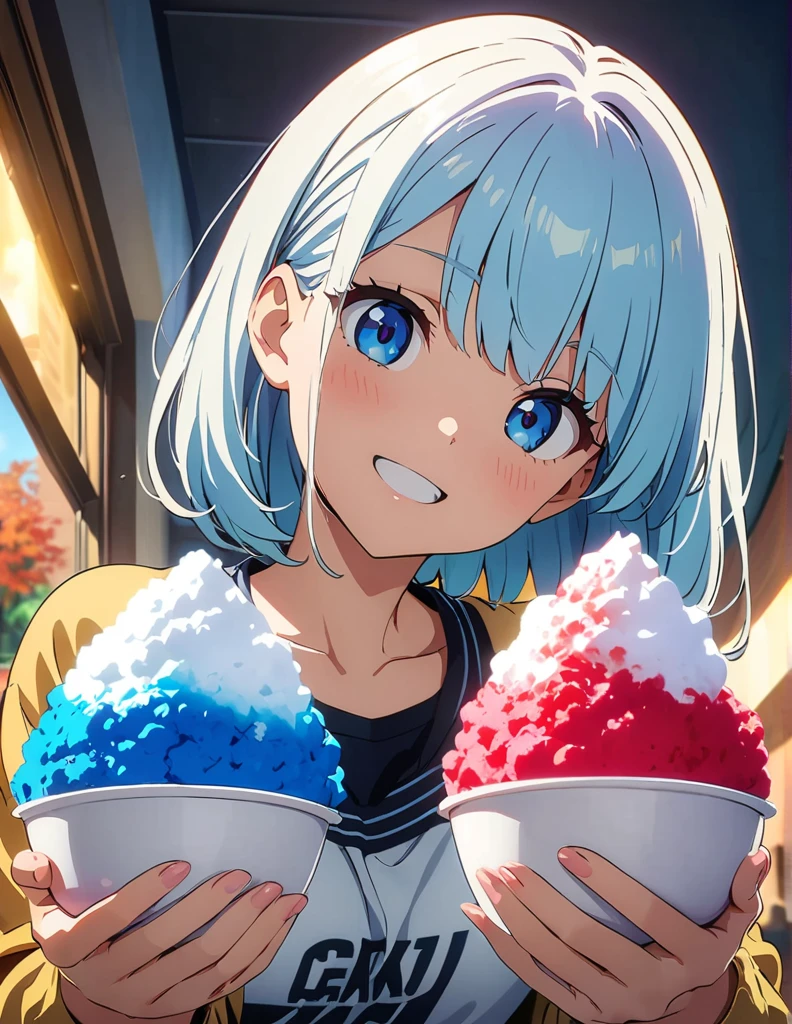 (anime artwork, anime style, studio anime, very detailed, up to date, vibrant, Anime Coloring, high contrast, masterpiece:1.2, best quality, best aesthetics),2 girl,Best quality,light smile,{{incoming_shaved ice}}, {{feeding}}, holding_spoon, foreshortening,{{blurry_foreground}}, blush, open mouth, head_tilt, perfect anatomy,cafe,