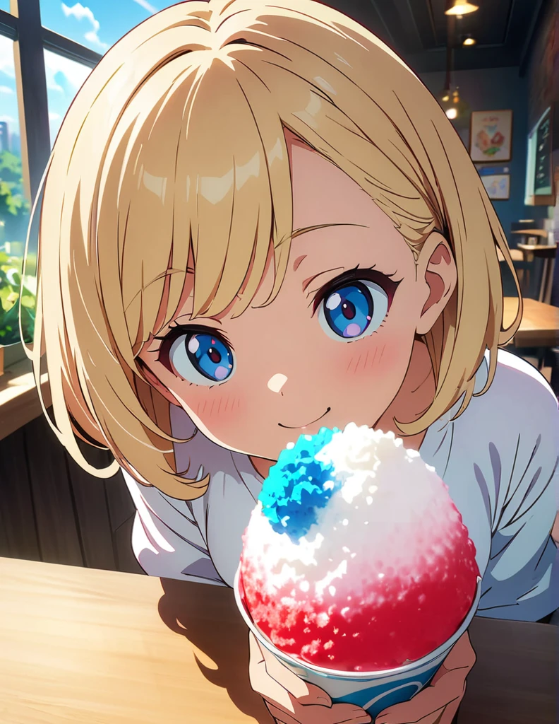 (anime artwork, anime style, studio anime, very detailed, up to date, vibrant, Anime Coloring, high contrast, masterpiece:1.2, best quality, best aesthetics),2 girl,Best quality,light smile,{{incoming_shaved ice}}, {{feeding}}, holding_spoon, foreshortening,{{blurry_foreground}}, blush, open mouth, head_tilt, perfect anatomy,cafe, 