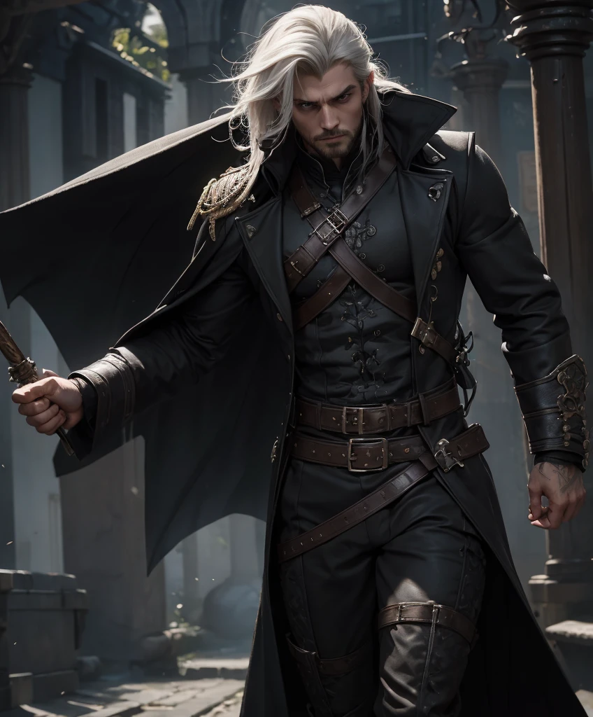 Dashing male swashbuckler dressed in black.  Excellent fashion sense.  Attractive.  Daring.  Romantic.  Stoic.  Moody.  Brooding.  Long white hair.  Mysterious with a hint of sinister motives.  award winning, fantasy art concept masterpiece, trending on Artstation, digital art, unreal engine, 8k, ultra HD, centered image, centered image.  Strong appeal.  Ideal male physique.  Large overcoat.