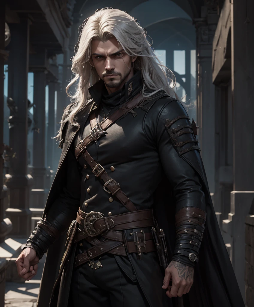 Dashing male swashbuckler dressed in black.  Excellent fashion sense.  Attractive.  Daring.  Romantic.  Stoic.  Moody.  Brooding.  Long white hair.  Mysterious with a hint of sinister motives.  award winning, fantasy art concept masterpiece, trending on Artstation, digital art, unreal engine, 8k, ultra HD, centered image, centered image.  Strong appeal.  Ideal male physique.  Large overcoat.