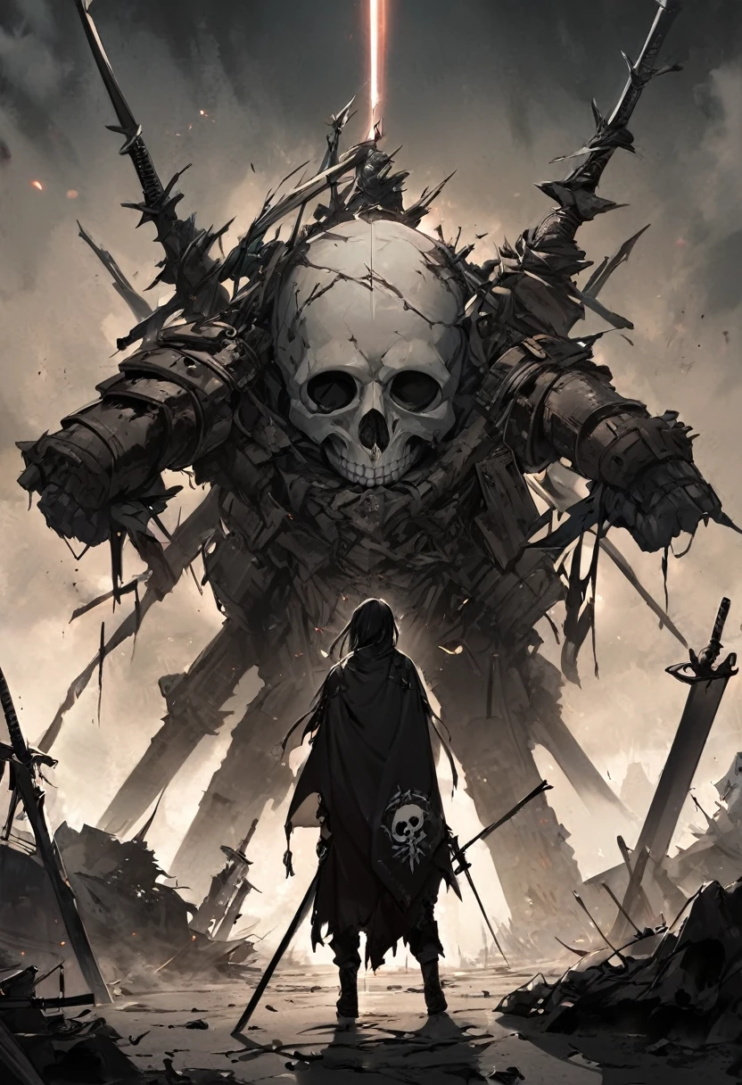 Huge pile of skulls in background of the post-war territory, concept of Desolation and Destruction
