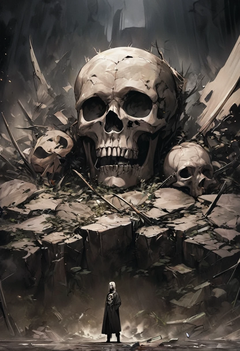 In the midst of desolate ruins, samurai raise their swords and stand on a rock artistically depicted as a skull emblem, its firm and somber image contrasting with a dark background.