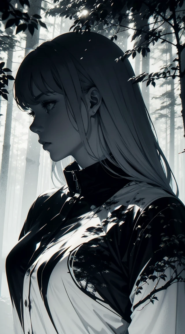 Silhouette of a Nordic queen filled with a forest , double exposure, crisp lines, monochrome background