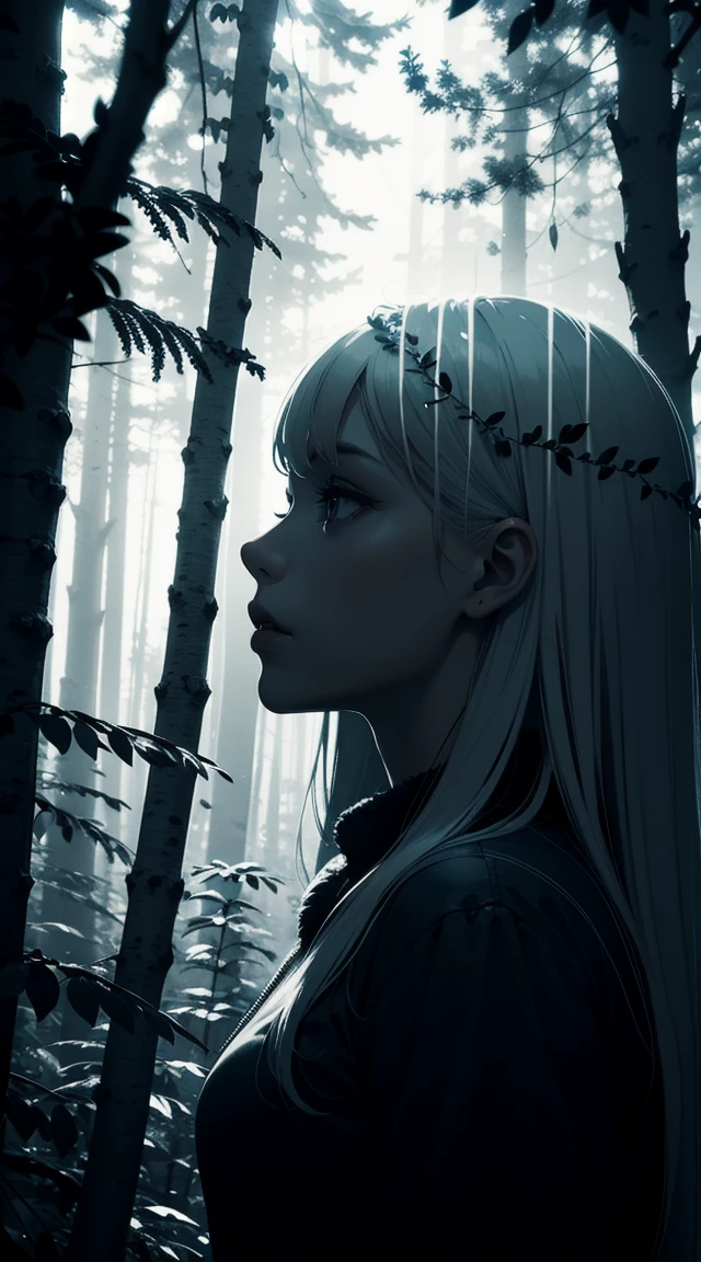 Silhouette of a Nordic queen filled with a forest , double exposure, crisp lines, monochrome background