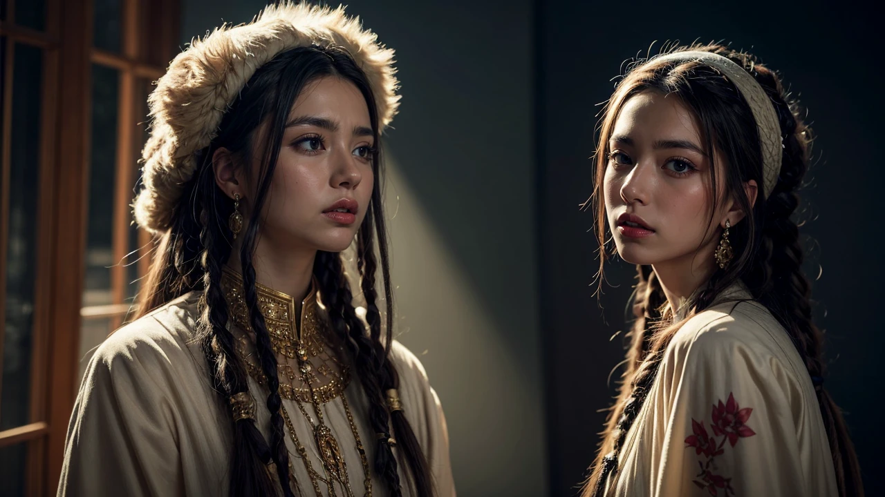 Hyperrealistic illustration of a Russian woman with dreadlocks, tattoos, and full lips, wearing traditional clothing and surrounded by mystical elements, highly detailed lifelike painting in the style of Ilya Repin and Ivan Kramskoy. (Long shot), atmospheric lighting, intricate details on clothing and facial features