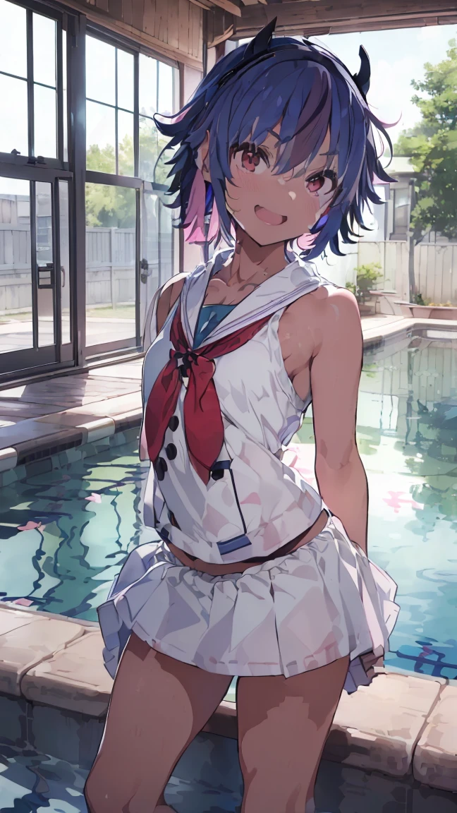 masterpiece, Highest quality, High resolution, Very detailed,(((Mikoto Naruka))), (((Poolside)))、(((Laughing out loud。)))、(((Standing in the distance))), (((Facing forward。))), night, (((Tile wall))), (((window))), (((Panty shot。))), (((Black underwear))), (((School swimming pool))), (((White Skirt))), , (((Underwear is visible。))), (((Blue Hair))), (((Multicolored Hair))), (((horn))), (((Pink Eyes)))