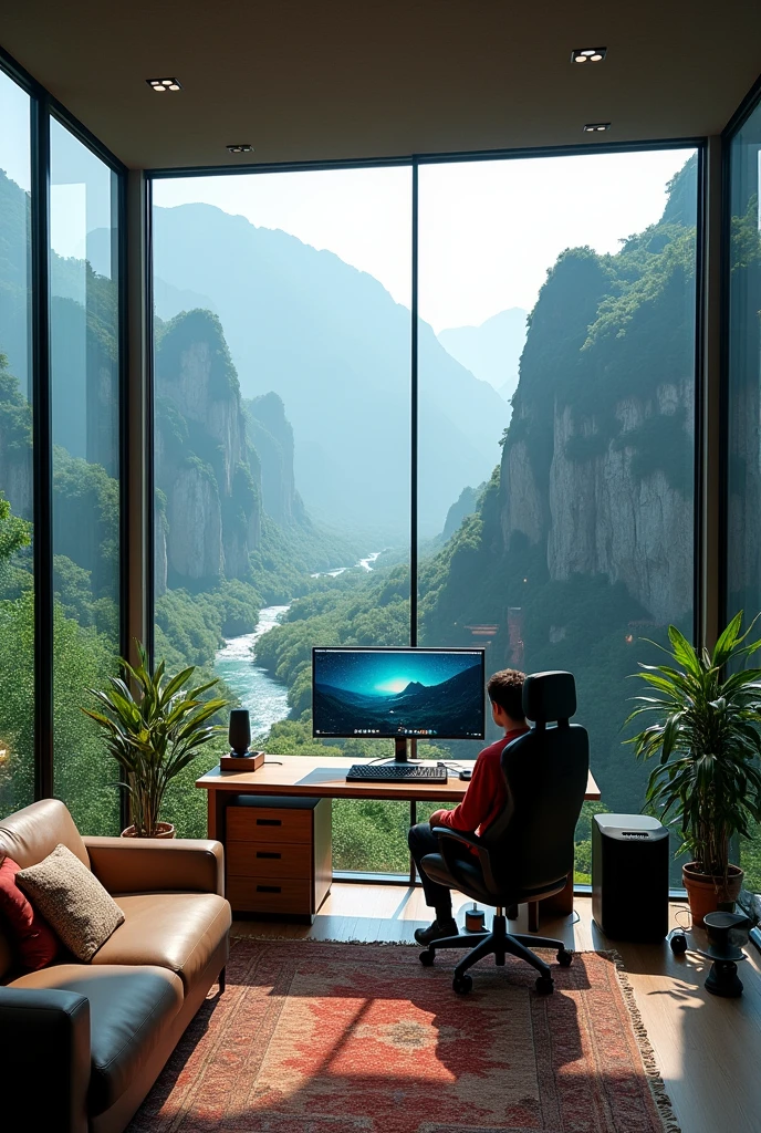 Gaming room with romm full of glass in the mountain and it has windows. Windows view green trees and river. I want inside view