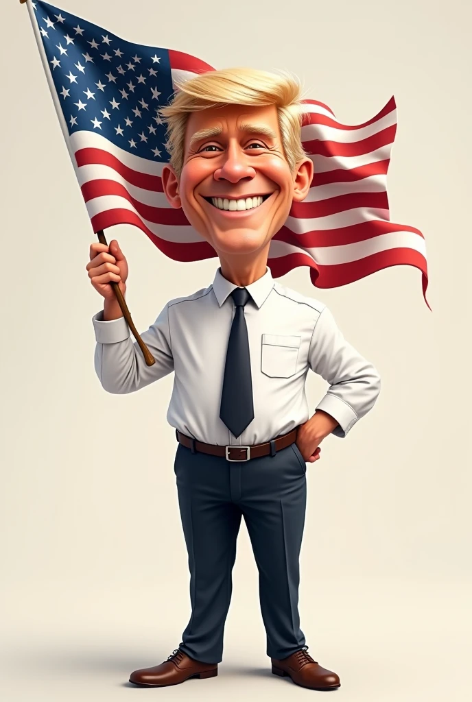 Full body caricature of a President standing happily holding flag Wearing a black tie and white shirt