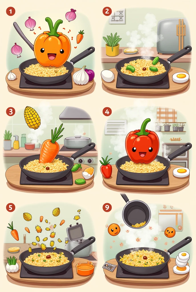 Create cartoons of each of this preparation 1.	In a large skillet, Heat some vegetable oil over medium heat.

	2.	Add the chopped onion and minced garlic cloves, and sauté until golden and fragrant.

	3.	Add the carrot, the peppers, peas and corn, and cook for a few minutes until the vegetables are tender..

	4.	Add the chicken blood and sauté until cooked..

	5.	Push the vegetables and meat to one side of the pan and pour the beaten eggs on the other side.. Stir gently until the eggs are cooked..

	6.	Add the cooked rice to the pan and mix well with the vegetables and meat..

	7.	Add the soy sauce (soy sauce), grated ginger, salt and pepper. Mix everything until well combined..

	8.	Cook for a few more minutes, stirring constantly, so that all the flavors are integrated.

	9.	Remove the pan from the heat and serve the Chaufa with Sangrecita hot.