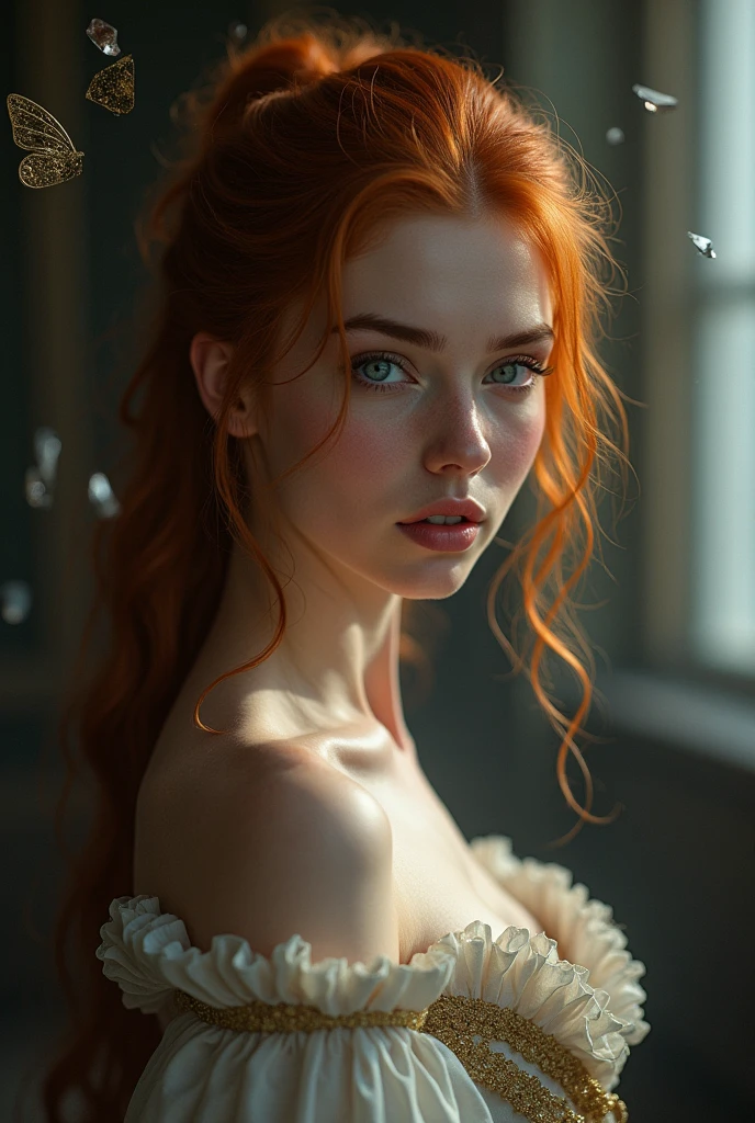 (solo, full body photo:1.3), (action packed:1.3), (haze, fog, mist:1.3), chiaroscuro, best quality, photorealistic, 1man, (cute), (24yo:1.2), redhead, long ginger hair highly detailed, 1700'S, digital photography, art by artgerm and ankit Giri and greg kashish roypainting gold butterfly filigree, broken glass, (masterpiece, sidelighting, finely detailed Fashionable eyes: 1.2) (perfect oval large eyes that gazes at the viewer), beautiful detailed face, blue gorgeous perfect eyes, (blonde hair ponytail), (attractive young woman:1.3), (thick amazing hair), (seductive:1.1), (blushing:1.1)