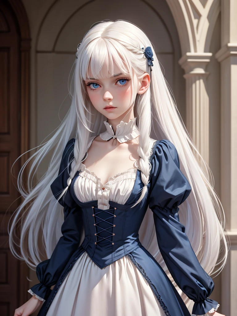 (best quality), 1girl, female, pale skin, white hair, long hair, swept bangs, straight hair, blue eyes, perfect eyes, victorian-inspired dress, , skinny body, flat chest, blush, masterpiece, anatomically correct, highres