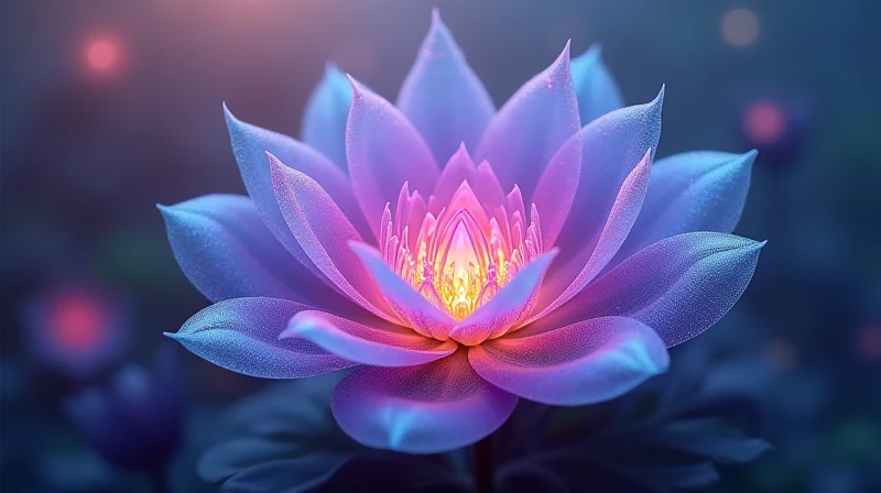 Imagine a flower NFT artwork where the central element is a lush flower, with vibrant petals in shades of purple and blue, that appear almost translucent. At the center, an intricate geometric pattern, like a fractal or a mandala, is illuminated by a soft glow, giving an almost ethereal effect. The background is a subtly changing color gradient, creating a sense of depth and movement. This piece is interactive, allowing the viewer to change the colors and patterns of the petals with a simple click, providing a unique and customizable visual experience.