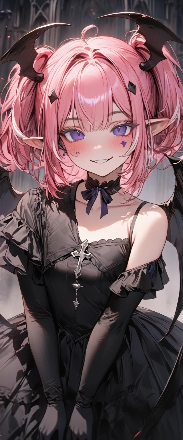 UHD, masterpiece, best quality, extremely detailed, anatomically correct, sharp focus, Midnight, gloomy atmosphere, Church, altar isle, 1girl, solo, camilavtuber, pink hair, short hair, shoulder length hair, (black head wings:1.1), (twin ponytail), PURPLE EYES, PURPLEIRIS, (facial mark), smiling, crucifix choker, black arm sleeves, slim arms, black gloves, small chest, 1 devil wing, single wing, ((long black gown)), frilly gown, slim legs, black stockings, (black high heels), (full body) , (close-up), innocent pose, eye-level shot, front view, innocent pose, scattered pink petals
