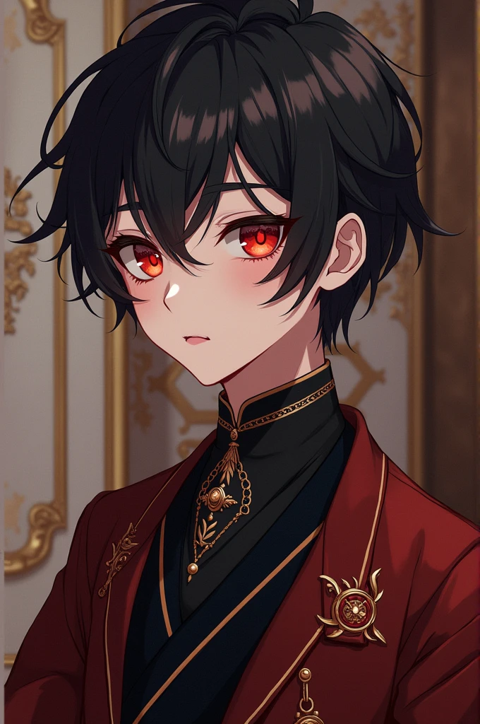 An androgynous aristocratic boy with short black hair and red eyes drawn in anime style.