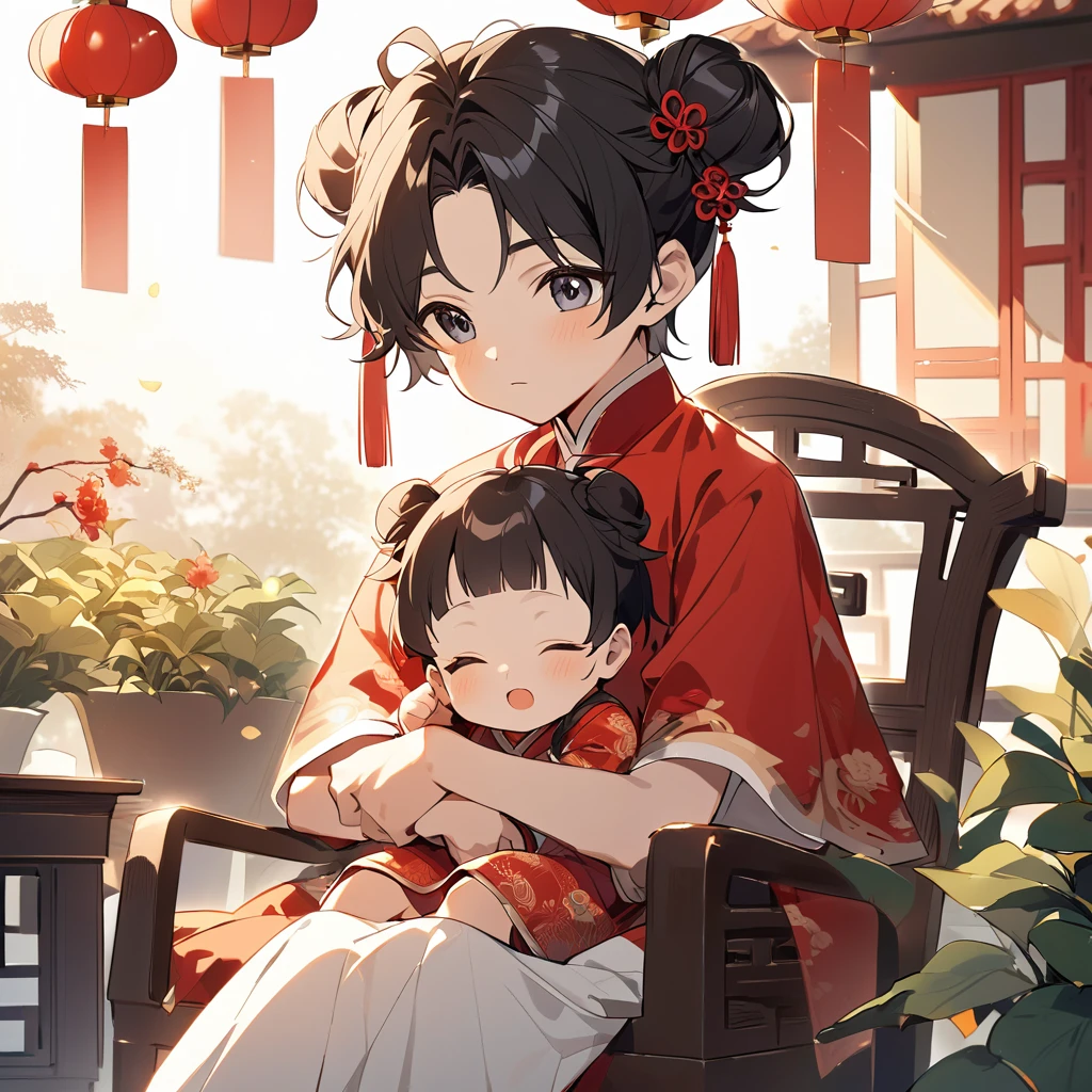 A handsome young man with a good face and a gentle face, wearing a white ancient Chinese costume, sitting on a chair, hugging his little sister, who is 1 year old, with her hair tied in two buns, black hair, in a red Chinese New Year costume. In the morning, there is sunlight shining in the front yard garden.
