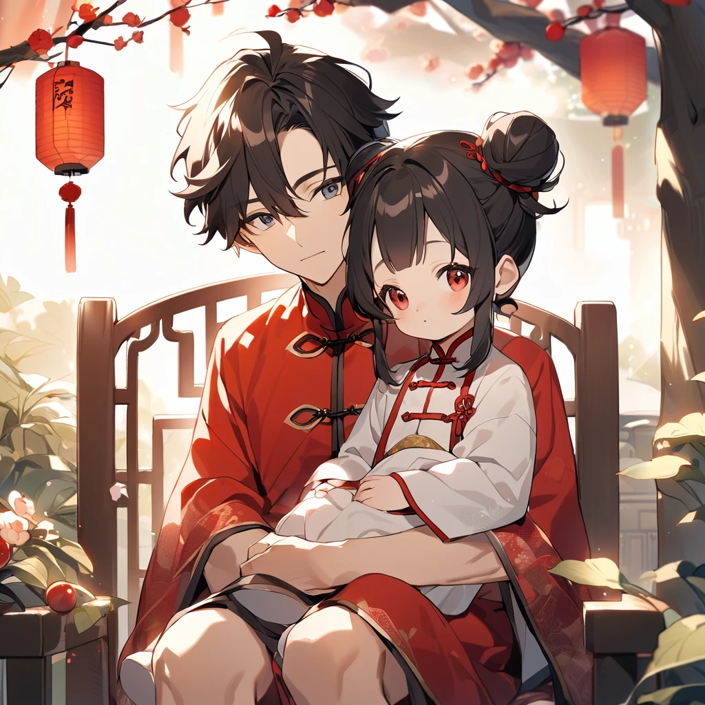 A handsome young man with a good face and a gentle face, wearing a white ancient Chinese costume, sitting on a chair, hugging his little sister, who is 1 year old, with her hair tied in two buns, black hair, in a red Chinese New Year costume. In the morning, there is sunlight shining in the front yard garden.