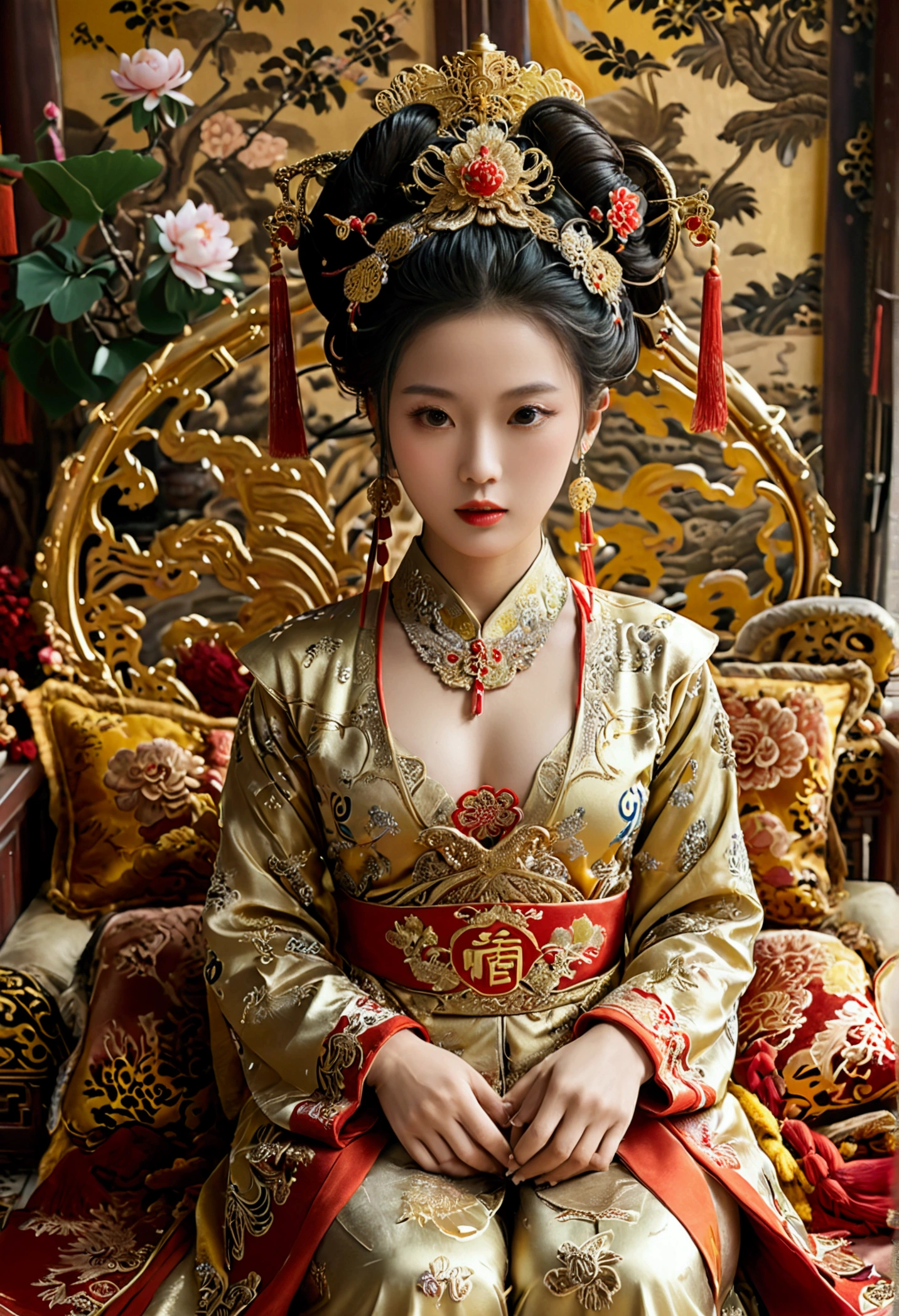 A gorgeous empress from the Chinese imperial court during the Qing Dynasty, fully naked on a large golden sofa, spreading one&#39;s legs open wide with knees bent,creating the shape of the letter M（Porn Pose） A gorgeous Chinese imperial empress with her hair tied on both sides and wearing a crown、Background of kinky and erotic woman tying her hair、The story is set in the luxurious rooms of an empress in the Chinese imperial court during the Qing dynasty.。