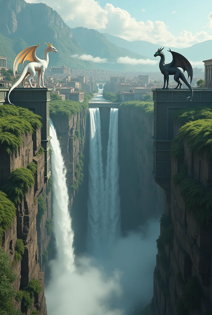 Majestic Greek-inspired cityscape perched on the edge of a seemingly bottomless abyss, twin waterfalls cascading down, plummeting into the void with a mesmerizing misty veil, as if swallowed by the underworld, amidst this breathtaking scenery, two imposing dragons, one a radiant white with iridescent scales, stand sentinel, surveying their realm, the other an ancient, dark grey behemoth, wise, weathered, with piercing emerald eyes, their surroundings characterized by crumbling stone architecture, lush ferns and mosses sprouting from interlocking blocks, worn by the relentless passage of time, artistry reminiscent of Simon Stalenhag's dystopian yet idyllic visions, steeped in the ancient mythologies of Arthur Rackham, landscape evolution echoing the epic worlds of Syd Mead, as an 8K, Unreal Engine 5-grade digital work of art