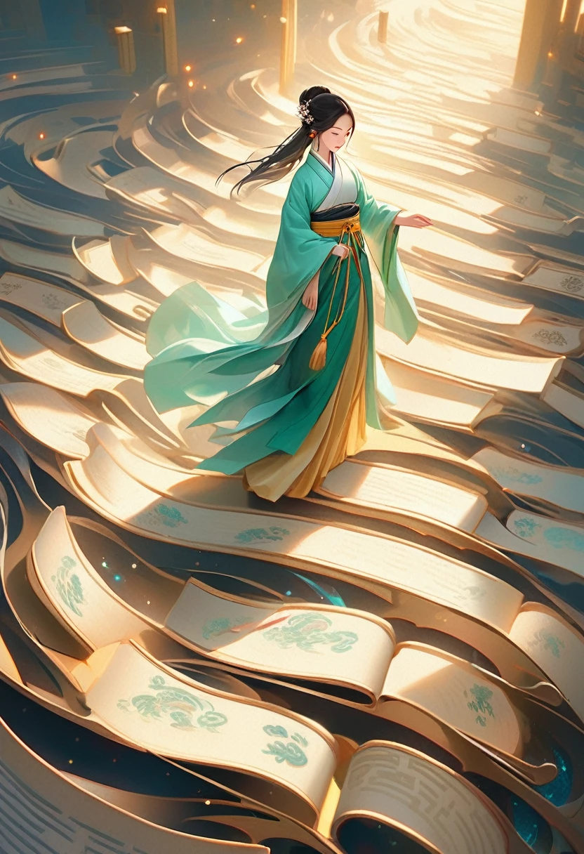 Drone view。A tiny young ancient Chinese woman walks on many undulating scrolls,The scroll is filled with calligraphy。She holds a long sword,Wearing flowing and soft silk Hanfu,Long hair dancing in the wind。3D rendered Chinese ink painting scene。Light gold and emerald color combination。top view,Epic grand scene。The light and shadow are clear,There are subtle starlight dots floating in the air,Create a dreamy, surreal atmosphere。Ultra-high resolution,The overall composition is very artistic and spatial。Delicate brushstrokes,Soft and smooth,,3D rendering --ar 3:4--s250-