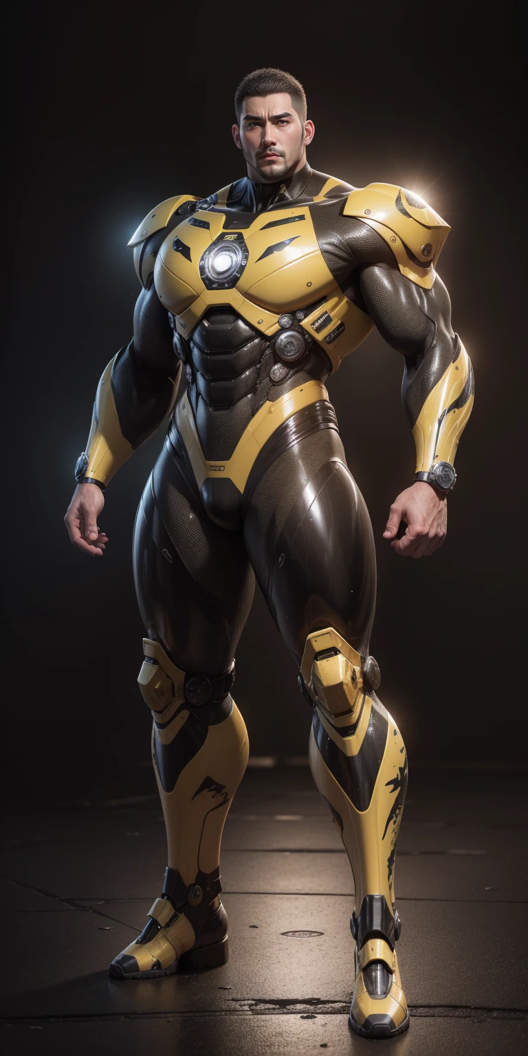 Tall giant muscular police officer,Buzz Cut,Very long legs,Yellow and black camouflage patterned nano mecha,Honeycomb pattern,Lightweight texture,Character Concept(Resident Evil - Chris Redfield,Chris Redfield)senior police officer,Small grid texture,Regular symmetrical texture pattern,Sad expression,Deep and charming eyes,Standing in a bright mechanical laboratory,Emerald Eyes Hero,Heroic male pose,高大Burly,muscular!Attractive leg muscles,High target, Burly, Heqiang, Super Buff and Coolness, High Resolution Committee, Bigfoot yellow-gray ultra-thin nano-mechanical boots,Charismatic strongman,The bright sunshine shines on you,Matte particles,Shiny texture