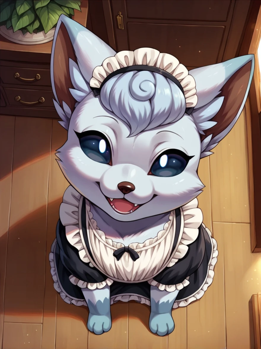 score_9, score_8_above, score_7_above, score_6_above, score_5_above, score_4_above, classification_questionable, the second,(furry, the second:1.2) (Detailed fluffy fur), Alone, female,,alolan vulpix , beautiful, ,pokemon,( old), ,old , , ,beautiful, beautiful, beautiful eyes, beautiful head, ), (Beautifully detailed face, oily and shiny skin), (detailed eyes, sharp eyes, clear paboveils:0.8), Masterpiece, happy, empty hands, SMILE,boca, living room background,House,dress, Wear maid outfit,