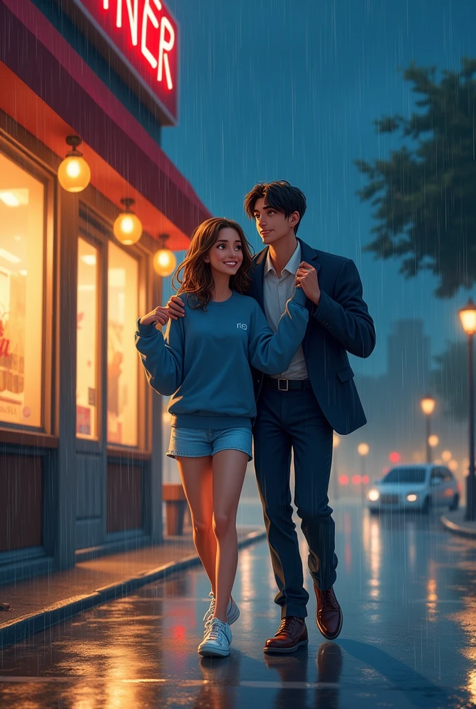 An art for a book cover, One with fair skin, medium length brown hair, light wash denim skirt, blue sweatshirt and white sneakers, and a man wearing formal clothes (Suit) black haired and fair skinned, they are leaving a diner, It&#39;s raining and they are running and smiling. Ele está cobrindo ela com a parte de cima de seu Suit, so she doesn&#39;t get wet. Both are North American. It&#39;s raining heavily and they are running. it&#39;s night e eles estão se gargalhando. Remember it&#39;s an animation. She is wearing a skirt, he is covering her. enlarge this image. I want an image with more details of the scene. They are more hugging each other. Ele está de Suit. it&#39;s night 