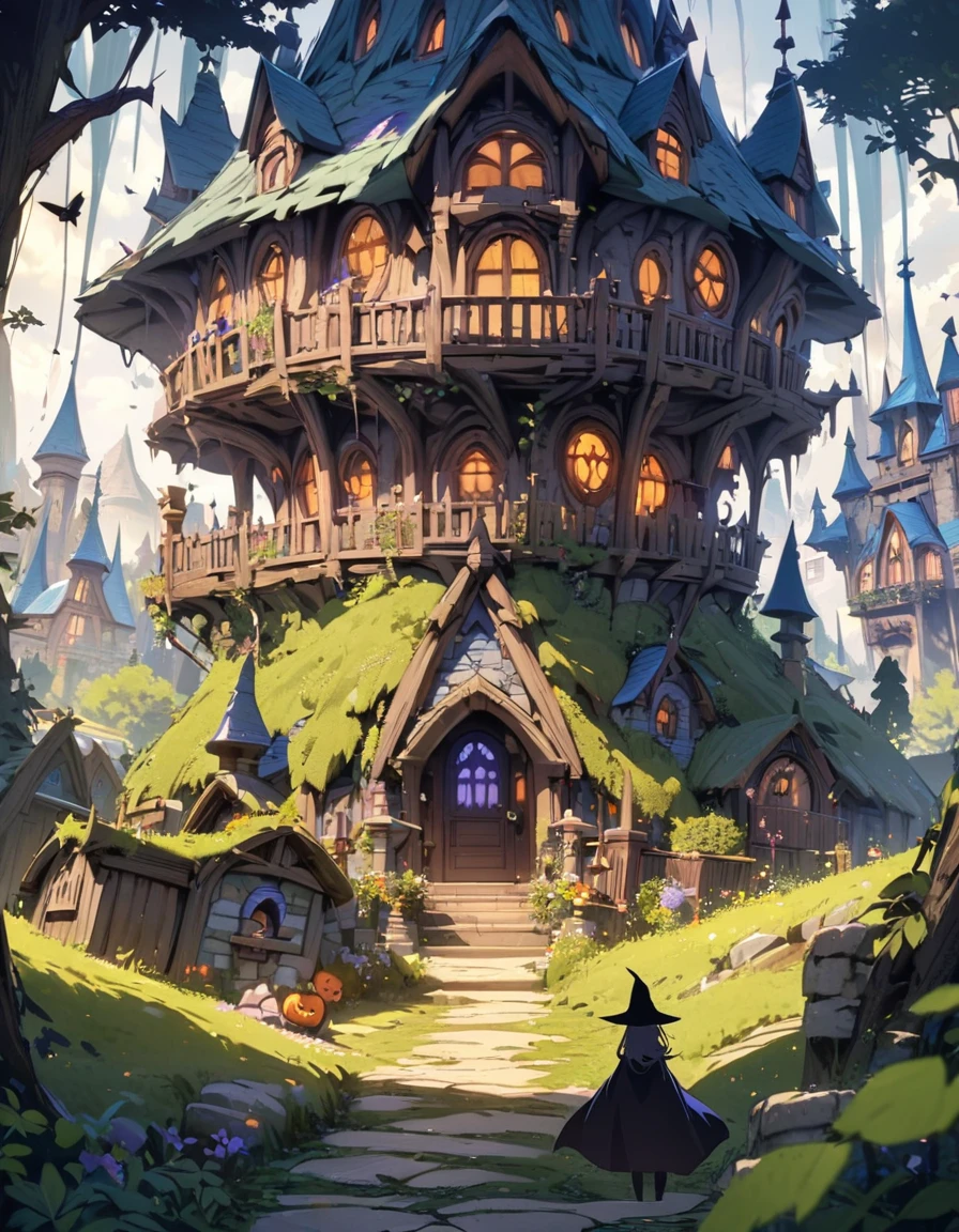 Masterpiece, high quality, best composition, blue house with spires in the woods, fantasy house, beautiful house on forest path, beautiful details and colors, spooky mansion, fairy tale place, scary castle, mysterious, witch's hut in the woods.