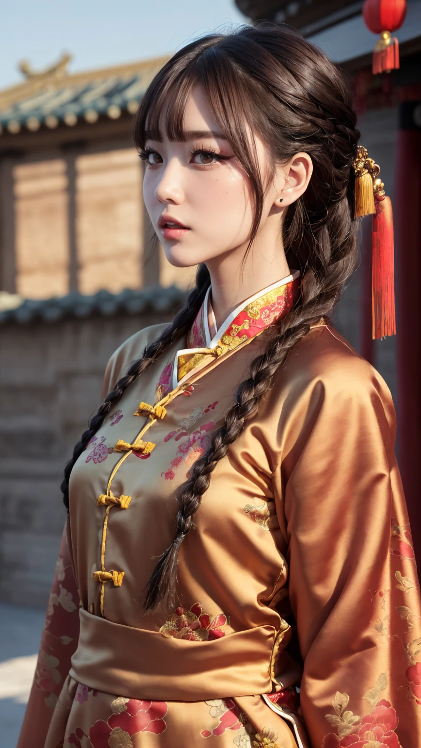Realistic, masterpiece, Highest quality, Highest Resolution, Anatomically correct, Accurate Anatomy, 7 heads, Height: 165cm, One Japanese woman, profile, Open your mouth and laugh, Staring at the audience, Fine and beautiful eyes, Sparkling eyes, Thin eyebrows, Gives lashes a delicate finish, False eyelashes, (Chinese traditional makeup:1.2), (Braided hair, Blunt bangs, Brown Hair:1.2), Detailed face, Sharp Eyes, (Traditional Chinese Dress, Clothes that fit snugly to the body, Random Color:1.3), Upper body photo, Background like ink painting