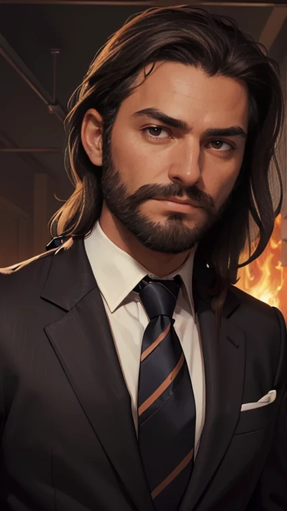 (masterpiece, best quality:1.4), portrait Solo, 50 YEARS man, ((((untied tie)))), (unsecure tie), black tie, loose, slack, dark brown medium hair, dark hair, ((shoulder-length hair)), wavy hair, beard, european, brown eyes, serious eyes, black suit, tired eyes, unbutonned shirt, leaving work, inferno background