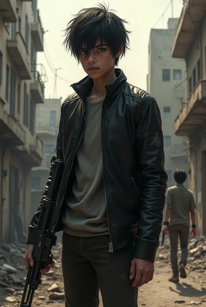 Black haired teenage boy with black leather jacket carrying an MP5 in a zombie apocalypse 