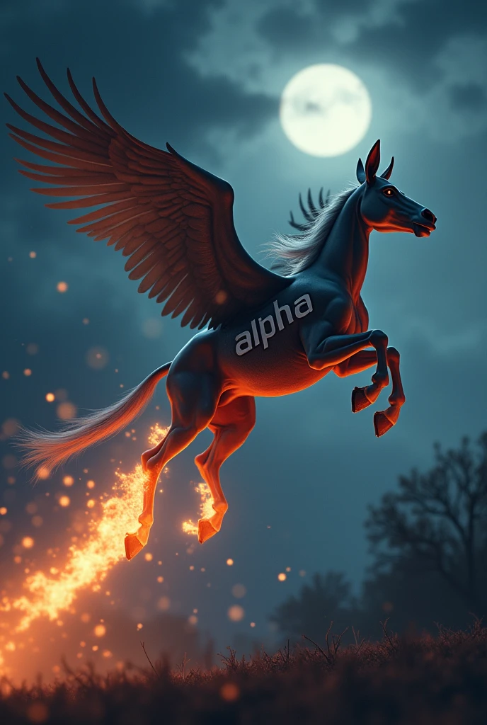 A mule with wings flying near the moon, fire coming out of its path at the speed of light, this mule has a tattoo that says alpha