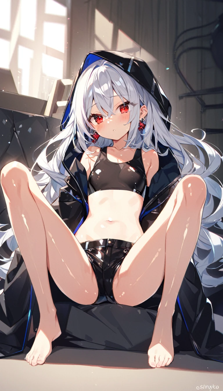 nsfw:1.9、4K((Great anime))((masterpiece)) (high quality) (detailed: 1.9) (Perfect Face) (detailedな髪) (Shiny Hair: 1.9) (Glowing Skin) ((cute))((One beautiful girl))((cute))(Short:1.9)(Thin waist:1.9)((((10 year old beautiful girl))))(((boyish)))((Pettanko's chest))((long hair))((Silver Hair))(One strand of black hair)Red Eyes、ear、Earrings、((whole body))((Black oversized coat))(((Long sleeves:1.9)))(((Moe sleeves:1.9)))((Compression Sports Bra))((((Put on the hood:1.9))))Confused eyes、((((((Leather shortsの隙間から見えるCrotch dimples:1.9)))))))((((Sit with your legs apart, exposing your inner thighs:1.9))))((Deep slit))(((((((Crotch dimples:1.9)))))))Steampunk World、((gear))(((clock)))Slam、(((Leather shorts:1.9)))((Low rise))barefoot、(((((((Crotch peek:1.9)))))))