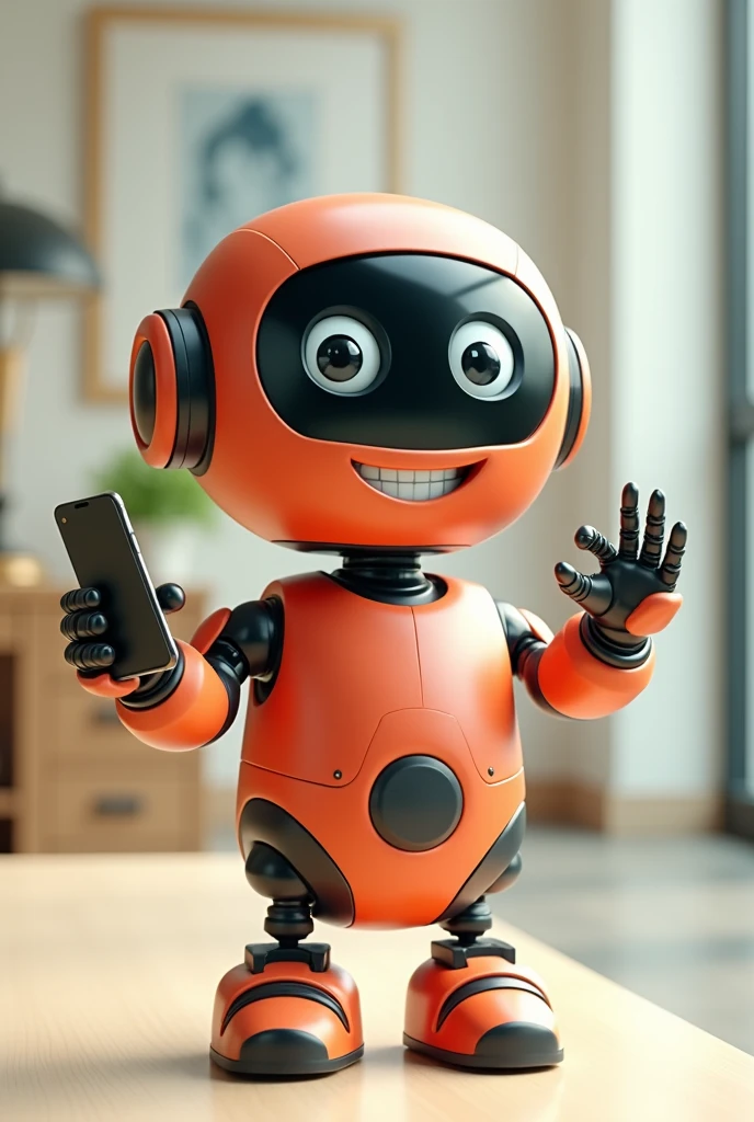 Create a Pixar-style image, 3d character of a happy sales robot holding a cell phone in his right hand.Create a Pixar-style image, 3d character of a happy sales robot holding a cell phone in his right hand.