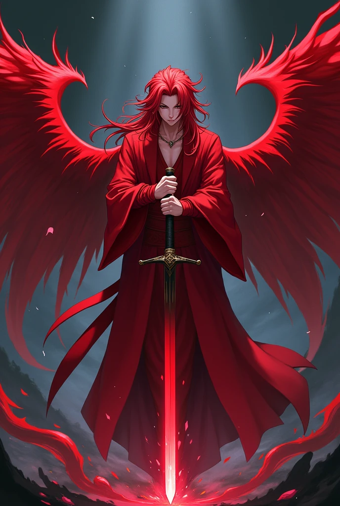 jujutsu kaisen. red clothes. red wings. red hair. red pants. black shoes. red sword