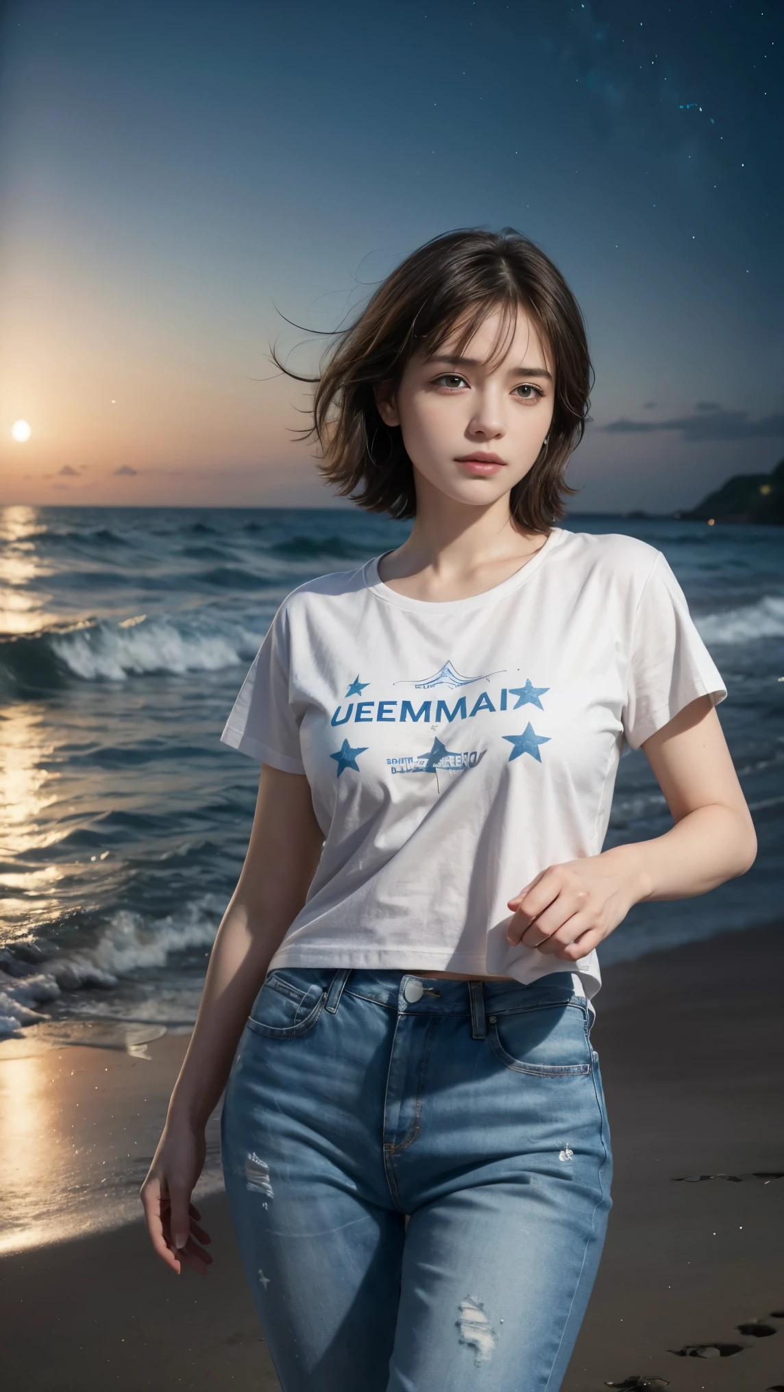 A woman dancing on the beach at night with a starry sky and the sound of waves in the background. Highest quality, masterpiece, ultra-high resolution, (realistic:1.4), original photo, ultra-high resolution, 8K. The woman is wearing a white T-shirt and jeans, with short hair.
