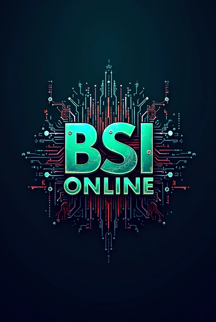 Generate a logo like the information technology theme with initials: BSI ONLINE. The color palette has to be blue, green and red, with 3d effect. Place computer circuits connecting the letters and their font as programming codes.